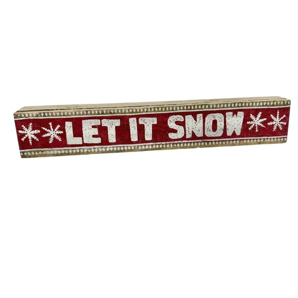 Let It Snow Wooden Holiday Decoration Sign 15" L x 2.5" H Red White Rustic Style - Picture 1 of 7